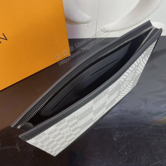lv新款包包 路易威登Pochette Voyage手拿包 Damier Graphite 3D帆布 經典格紋 lv經典格紋手拿包  ydh3978